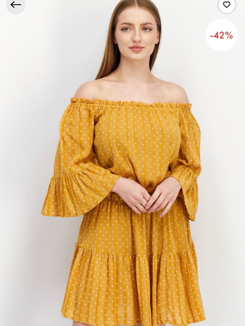 Asos Deign Off-Shoulder Mustard Dot Tiered Dress